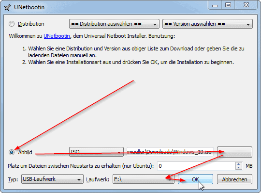 UNetbootin Programmfenster in dem Pfeile zu den erforderlichen Buttons eingezeichnet sind