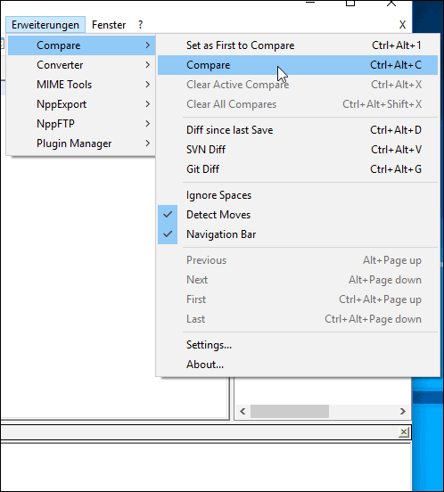 Notepad++ Installiertes Compare Plugin zum Textdateien vergleichen