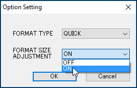 Zum SD Karte Partitionen löschen wird in den Option Settings "Format Size Adjustment" auf ON gestellt