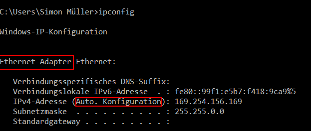 Windows 10 CMD mit ipconfig Ergebnis