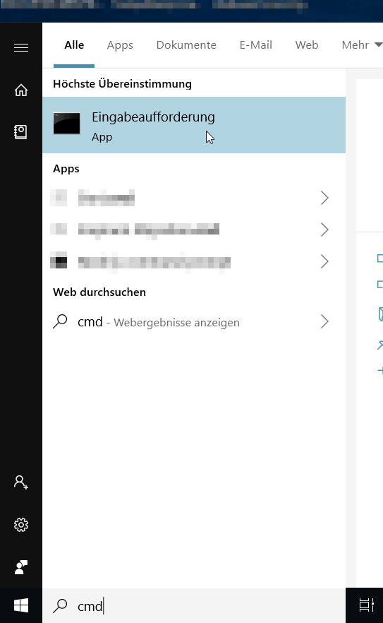 Windows 10 Startmenü in dem nach CMD gesucht wurde