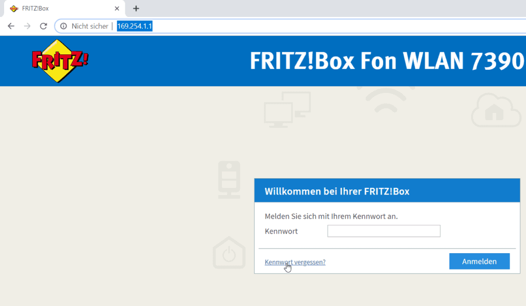 Fritz Box zurücksetzen mittels Klick auf Kennwort vergessen