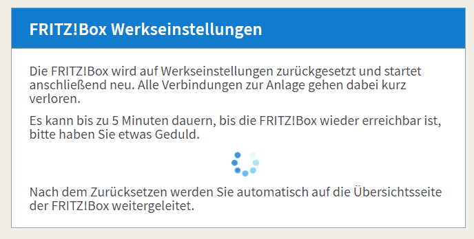 Fritz Box Weboberfläche ist im Chrome geöffnet und die Werkseinstellungen werden wiederhergestellt. 