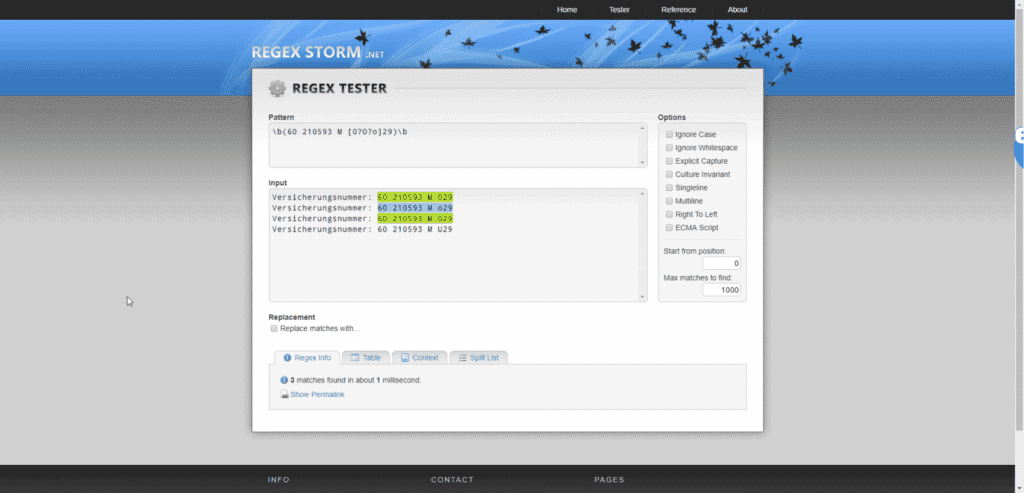 Regex Tester auf regexstorm.net/tester mit erweitertem Pattern und markierten Input (Input stimmt mit Regex-Kriterien teilweise überein)