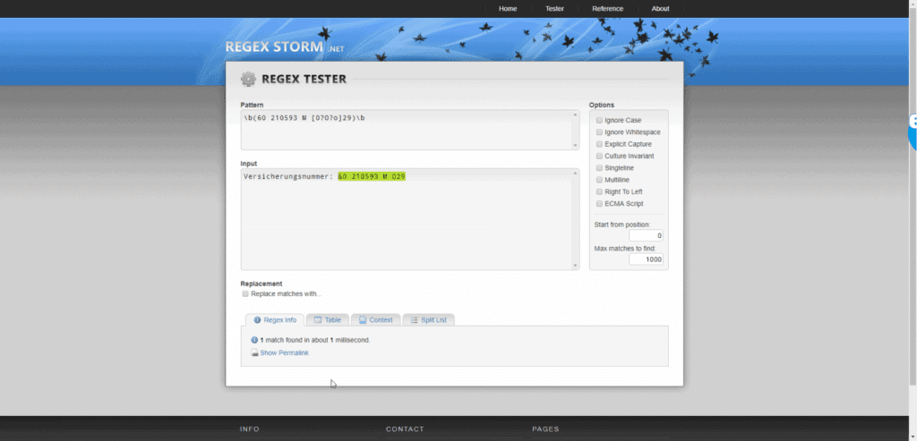 Regex Tester auf regexstorm.net/tester mit erweitertem ecoDMS Regex Pattern und markiertem Input (Input stimmt mit Regex-Kriterien teilweise überein)