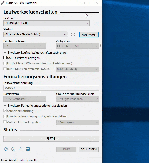 Rufus Windows 10 ISO Datei zum schreiben auf USB Stick auswaehlen