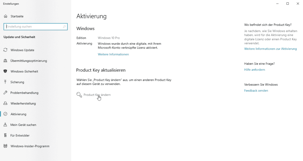 Windows 10 Aktivierungseinstellungen mit der Möglichkeit Produkt Key zu ändern