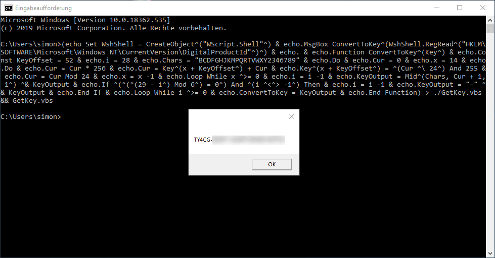 Windows Key auslesen mit CMD und einem in der CMD eingegebenen VB-Skript, dass via echo ausgeführt wird.