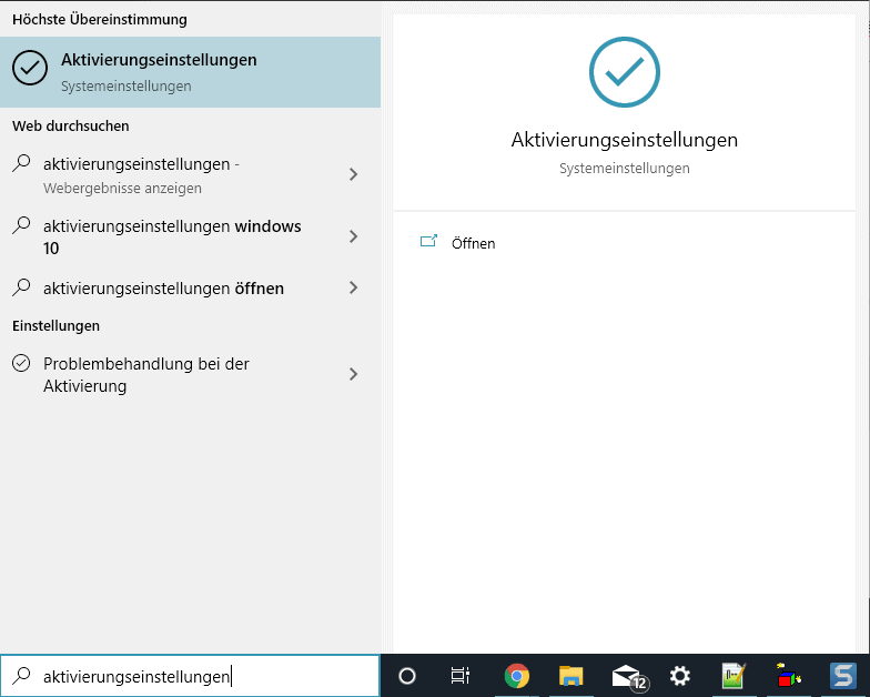 Windows 10 Startmenü mit Suchergebnisseite zu "Aktivierungseinstellungen"