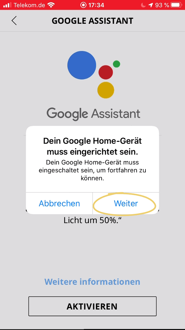 Tradfri App Google Home muss eingerichtet sein Warnung