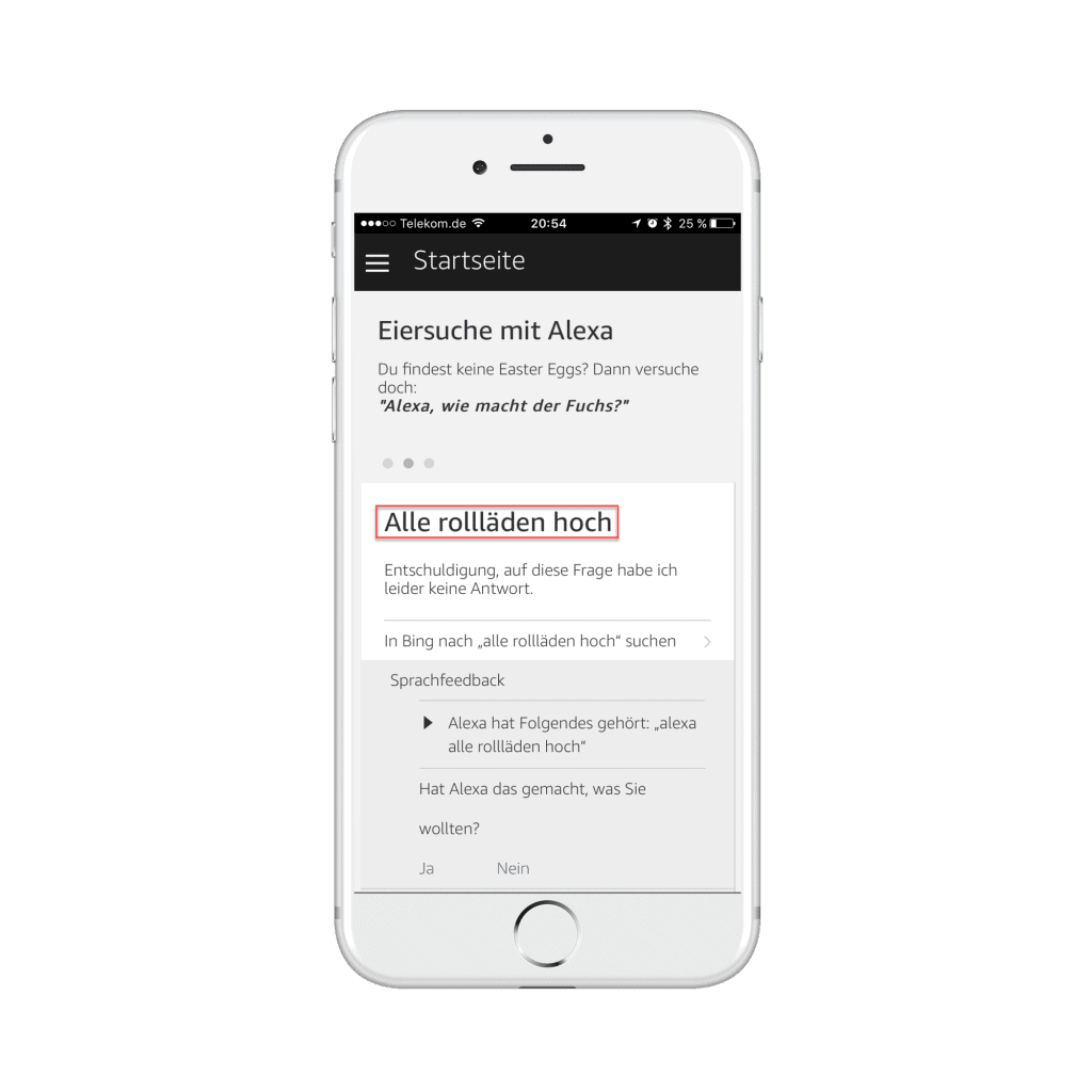 Alexa App Historie der Sprachkommandos auf der Startseite