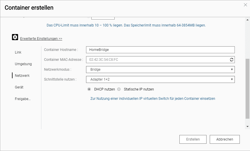 Homebridge Containers netzwerkeinstellungen festlegen