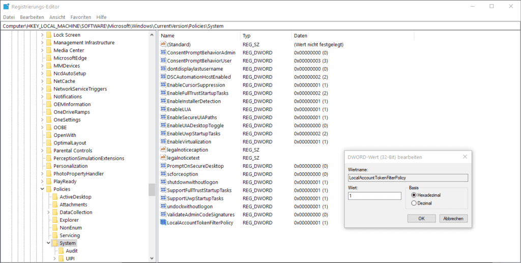 Registry enable Local Token Filter Policy for Shutdown