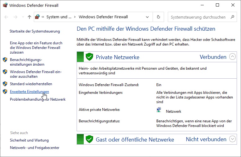 Windows 10 Firwall einstellungen öffnen