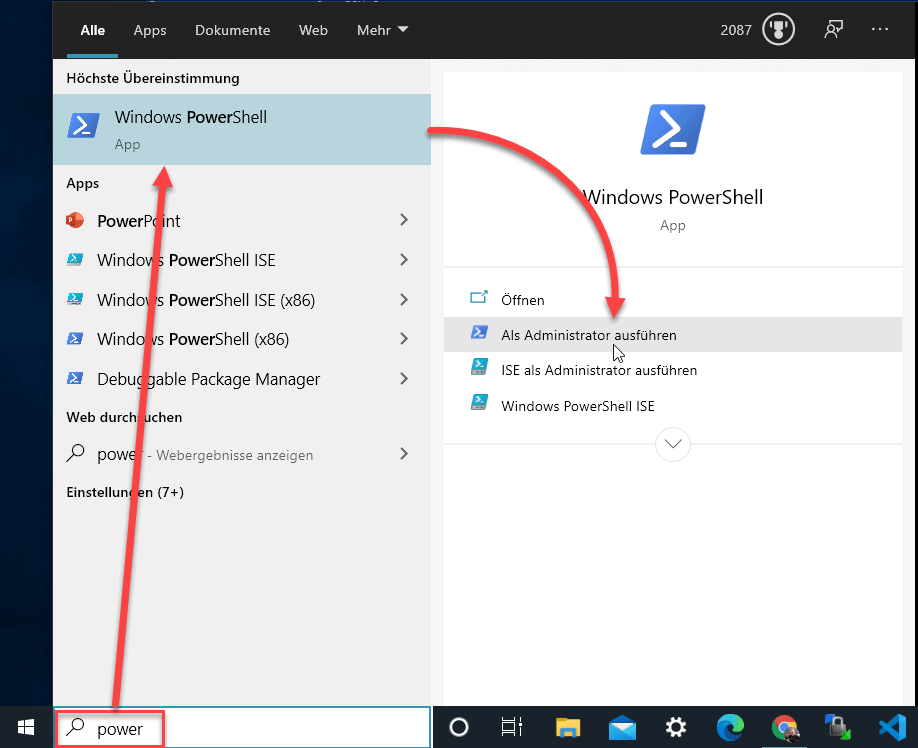 Windows PowerShell als Administrator starten