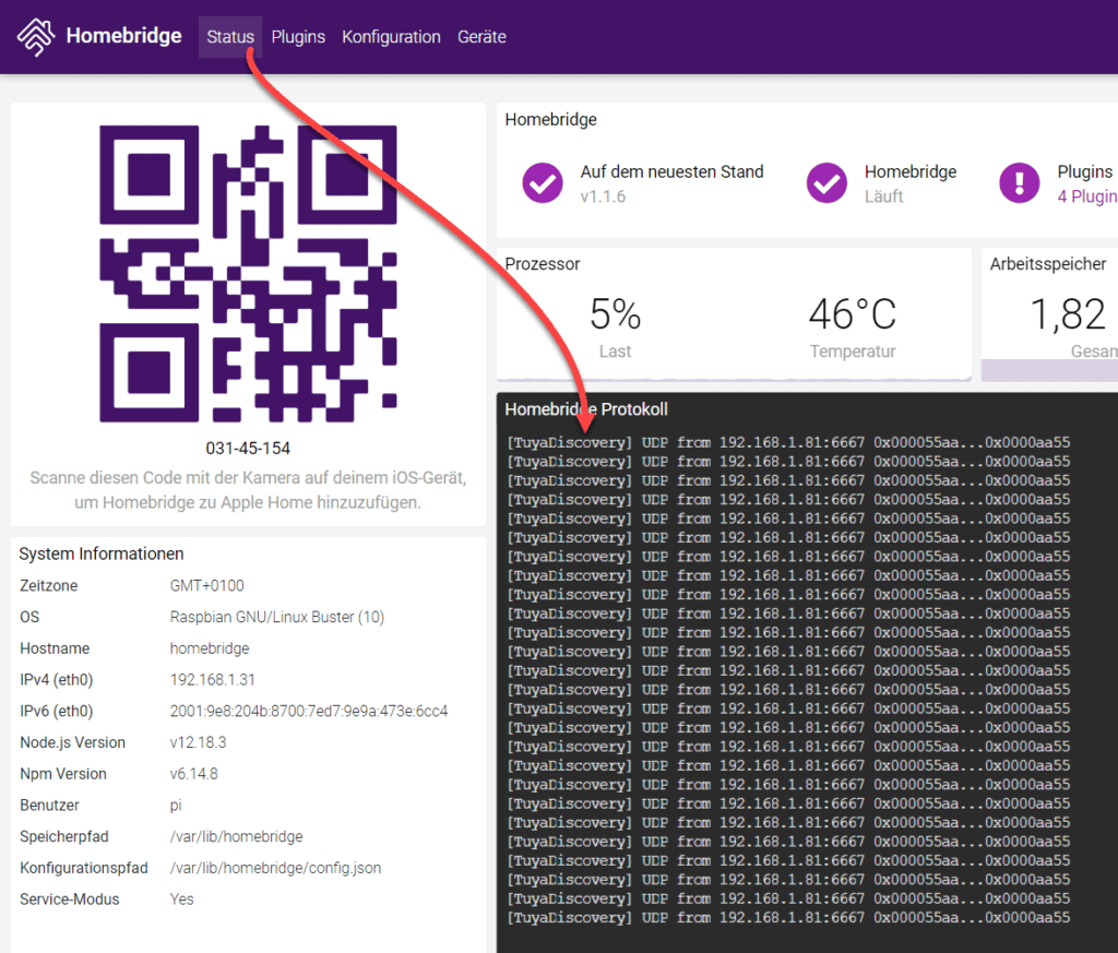 homebrdige tuya konfiguration Step 1 - Debugging Information