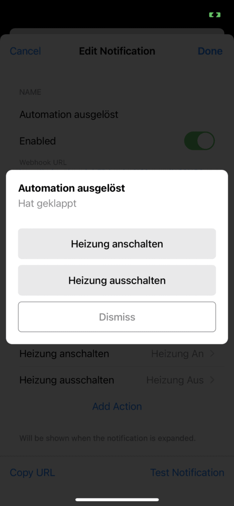 Pushcut geöffnete Richt Notification mit 2 Aktionen