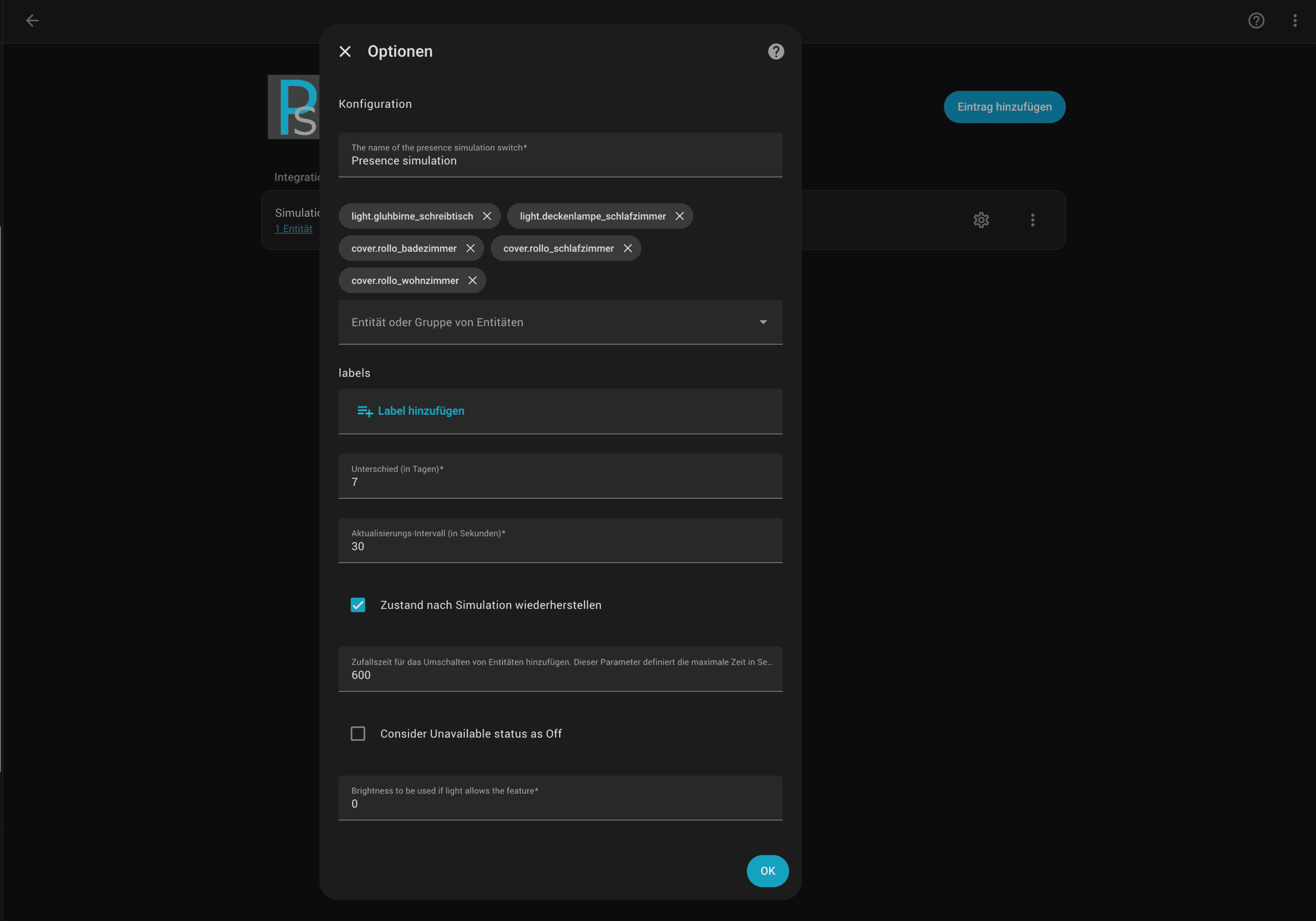 Presence Simulation Integration in Home Assistant
