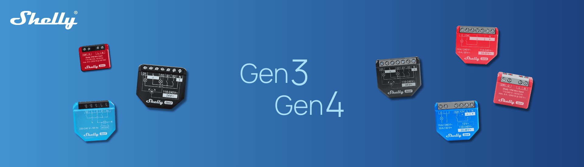 Shelly Gen3- und Gen4-Unterputzmodule nebeneinander auf blauem Hintergrund