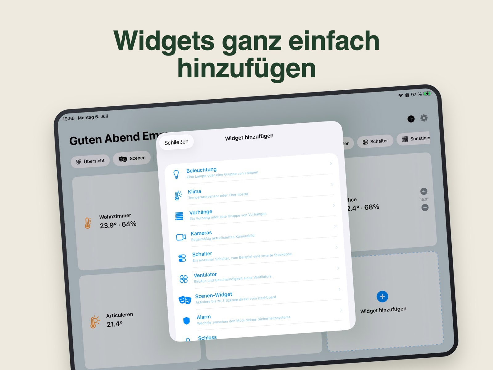 HomeView: Dialog zum Hinzufügen von Widgets für Licht, Klima, Vorhänge, Schalter und Szenen