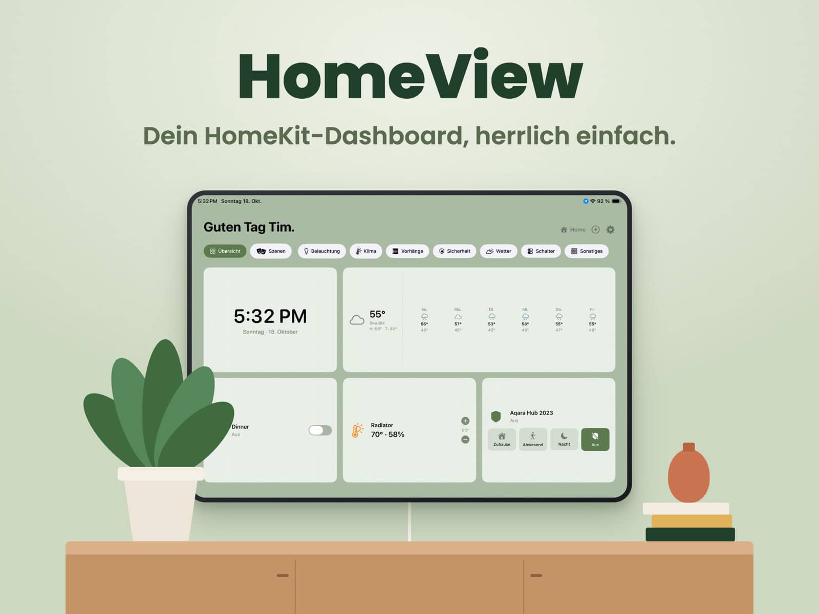 HomeView Dashboard-App auf einem an der Wand montierten iPad