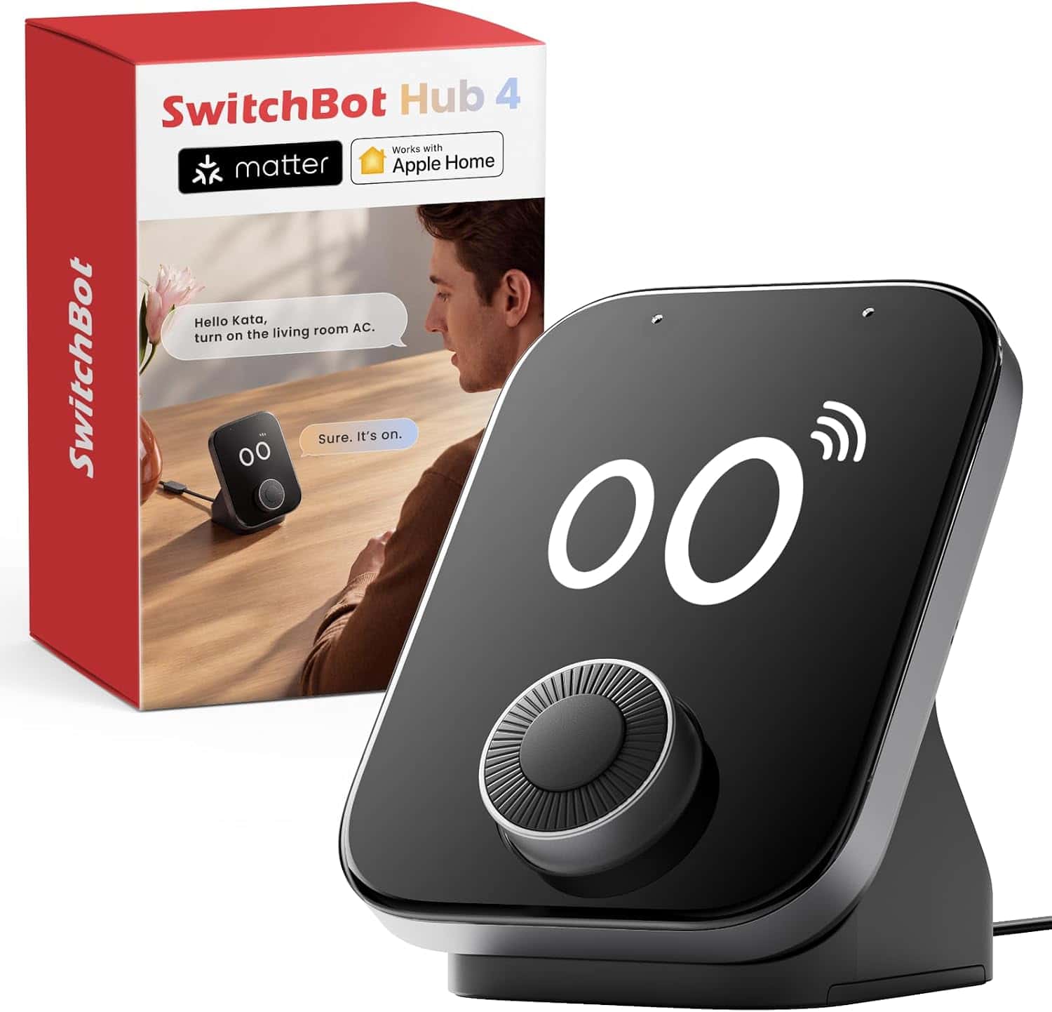 SwitchBot Hub 4 mit Farbdisplay und Drehregler vor seiner Verpackung