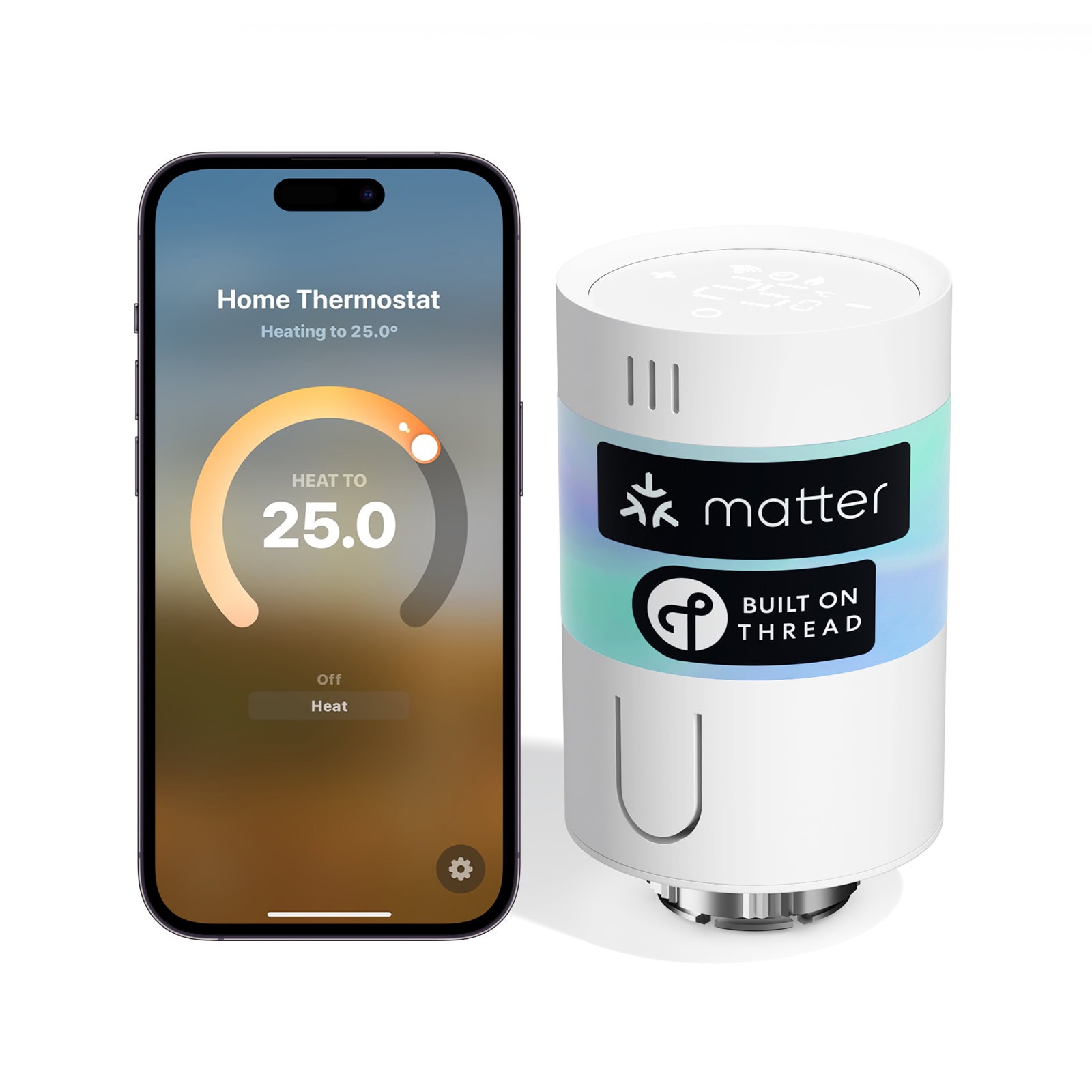 Meross MTS155 Heizkörperthermostat mit Matter over Thread neben Smartphone mit Meross-App