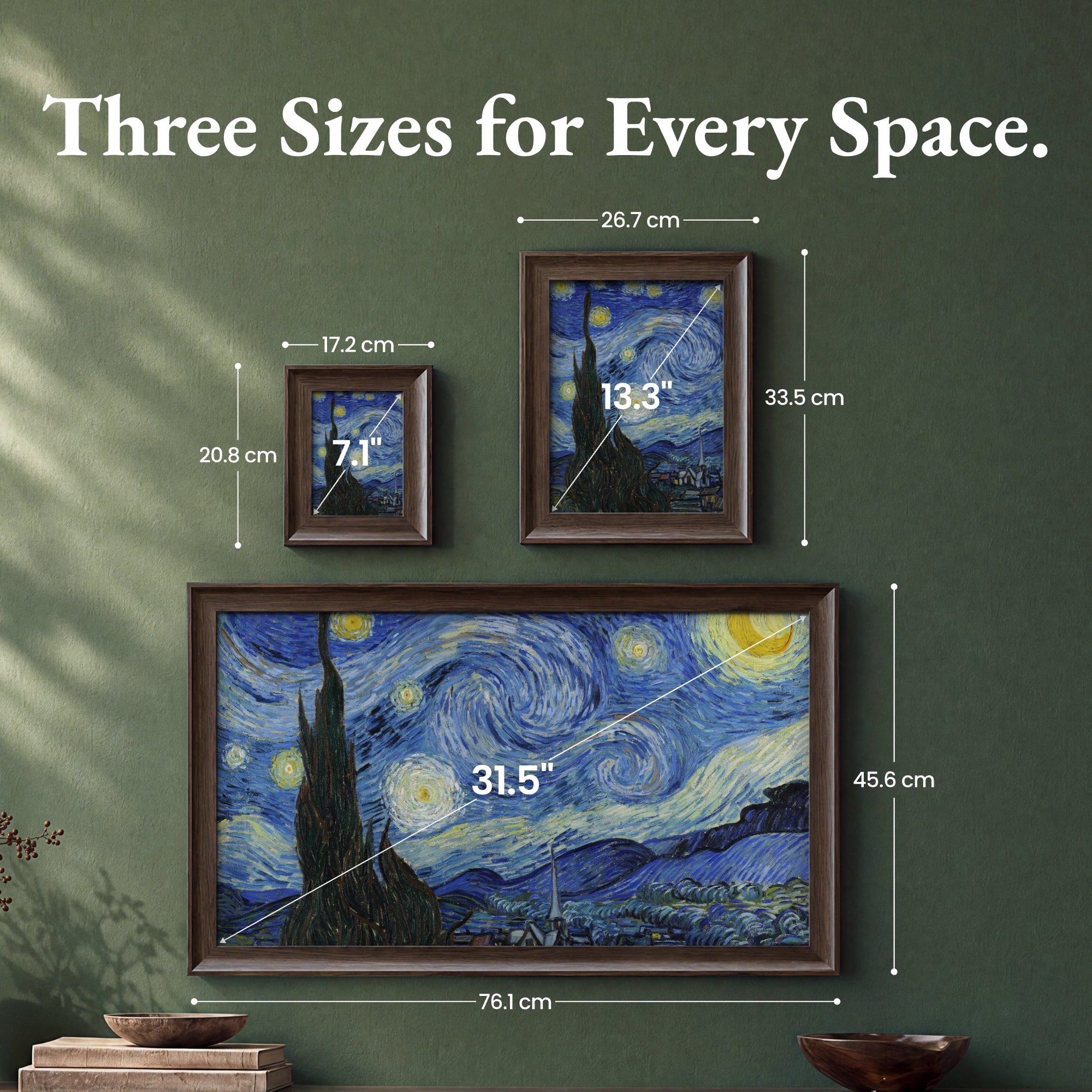 Die drei Größen des SwitchBot AI Art Frame 2: 7,1, 13,3 und 31,5 Zoll