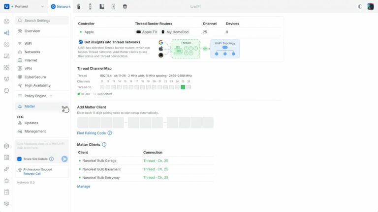 Matter-Seite in UniFi Network 11 mit erkanntem Thread-Netzwerk, Thread-Kanalkarte und Matter-Clients