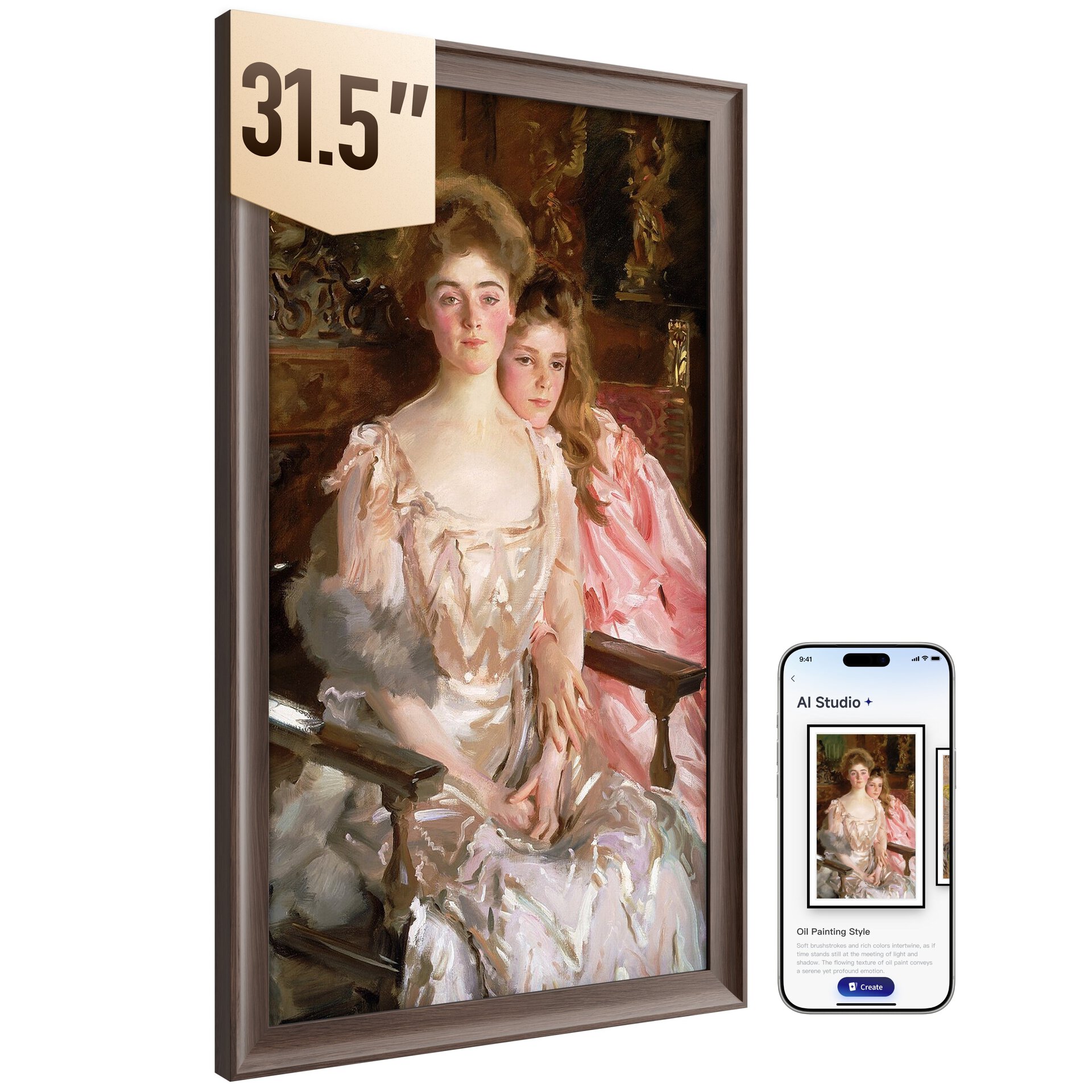 SwitchBot AI Art Frame 2 mit 31,5 Zoll im Holzrahmen, daneben die SwitchBot-App
