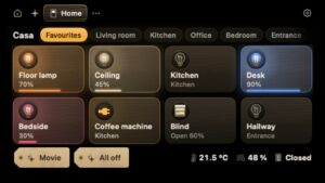 Altillo zeigt Home-Assistant-Lichter, Rollo, Szenen und Sensoren als Kacheln unter der MacBook-Notch