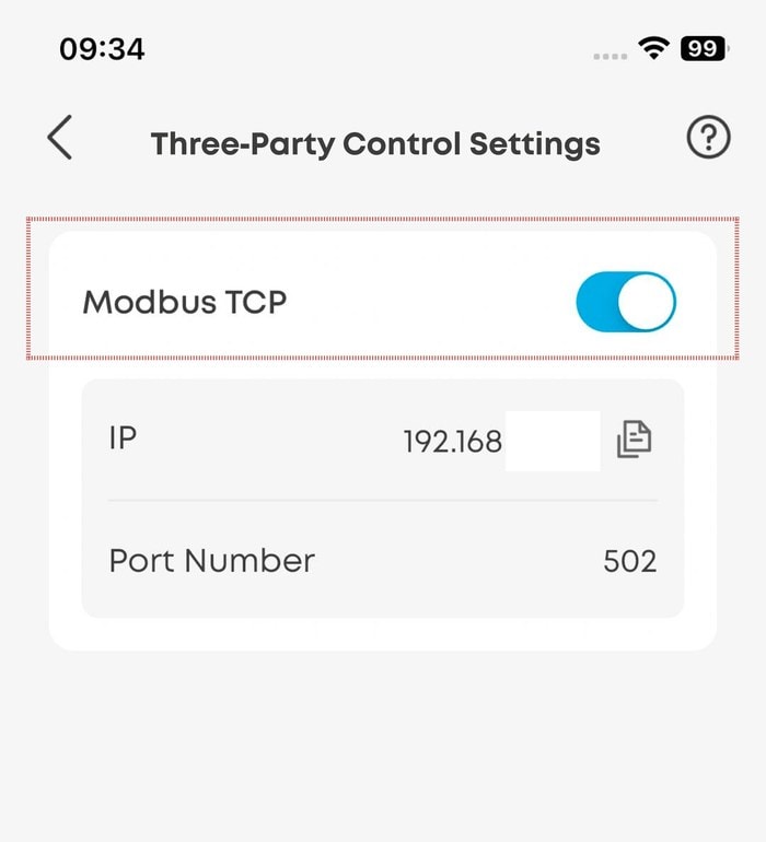 Anker App, Three-Party Control Settings mit aktiviertem Modbus-TCP-Schalter, IP-Adresse und Port 502