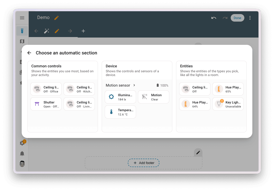 Home Assistant 2026.11: Auswahl automatischer Dashboard-Abschnitte mit Live-Vorschau