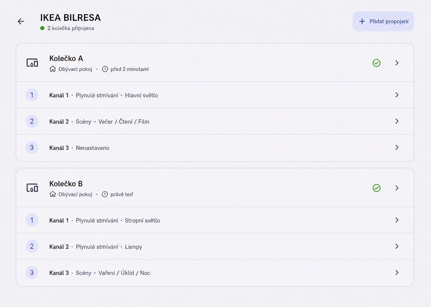 Panel der Integration ha-ikea-bilresa in Home Assistant mit zwei Scrollrädern und ihren Kanälen