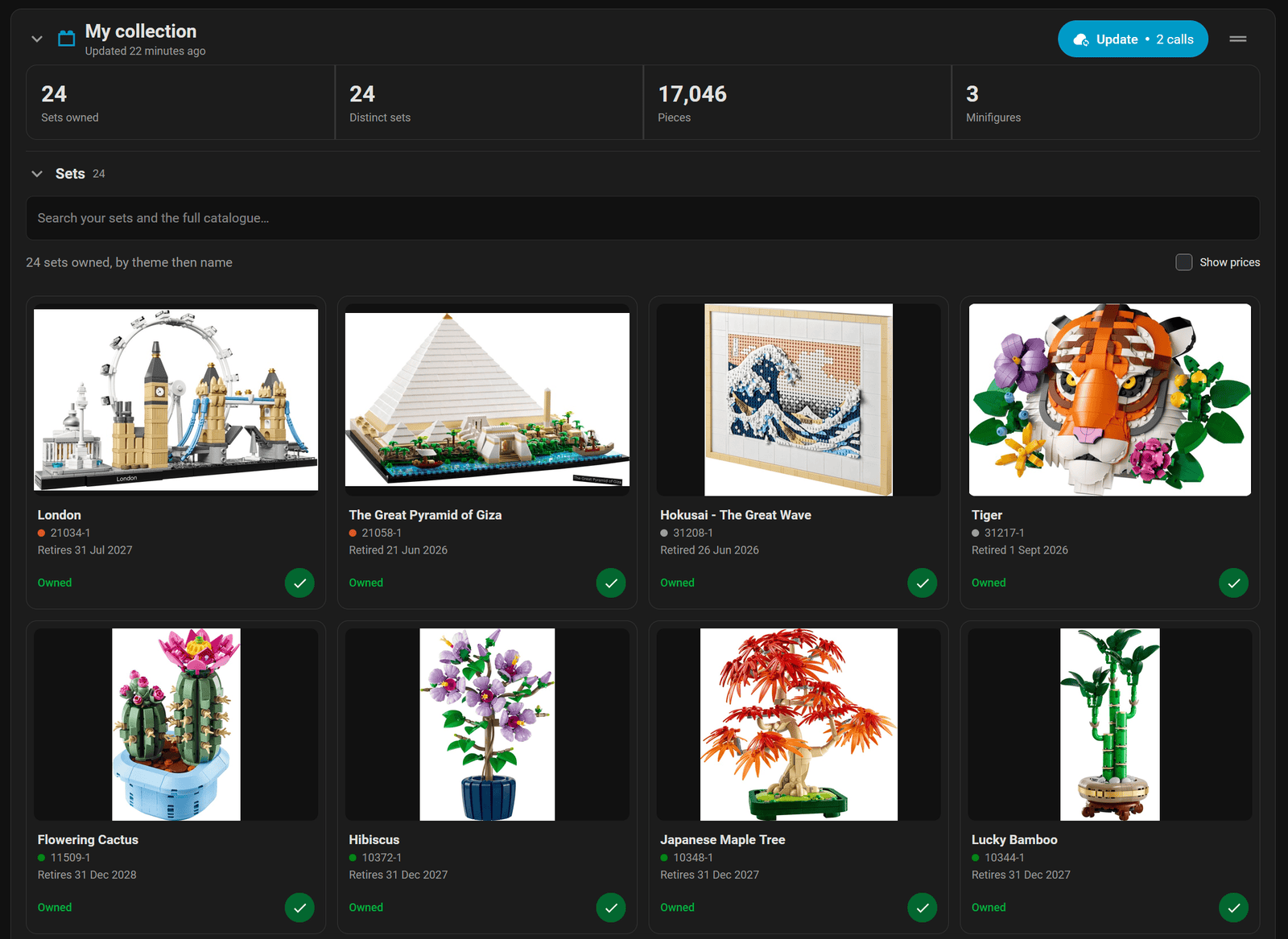 LEGO-Sammlung in Home Assistant mit Summen, Update-Button und Set-Raster mit Suche