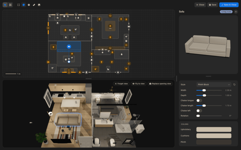 Diorama-Editor in Home Assistant: oben der Grundriss, darunter die 3D-Vorschau, rechts der Möbelkatalog