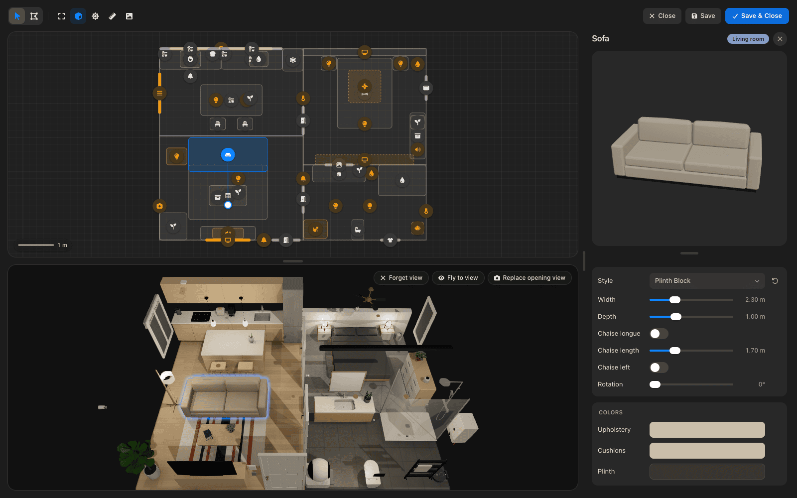 Diorama-Editor in Home Assistant: oben der Grundriss, darunter die 3D-Vorschau, rechts der Möbelkatalog