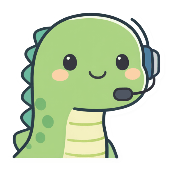 Maskottchen des lokalen Sprachassistenten Fulloch: grüner Cartoon-Dino mit Headset