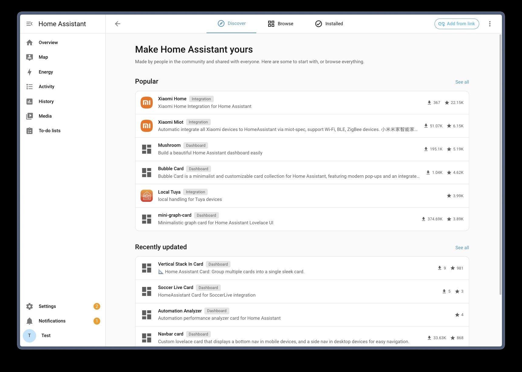 Startseite des Home Assistant Marketplace mit beliebten Community-Integrationen und Dashboard-Karten