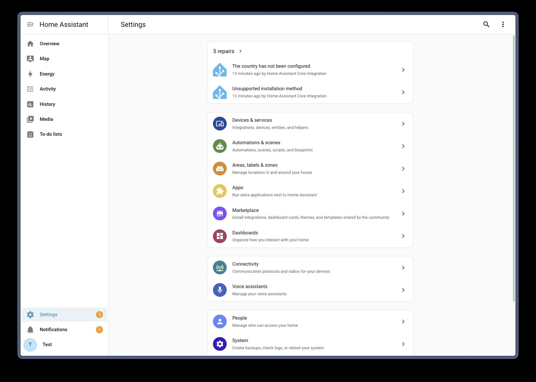 Home Assistant Einstellungen mit dem neuen Eintrag Marketplace