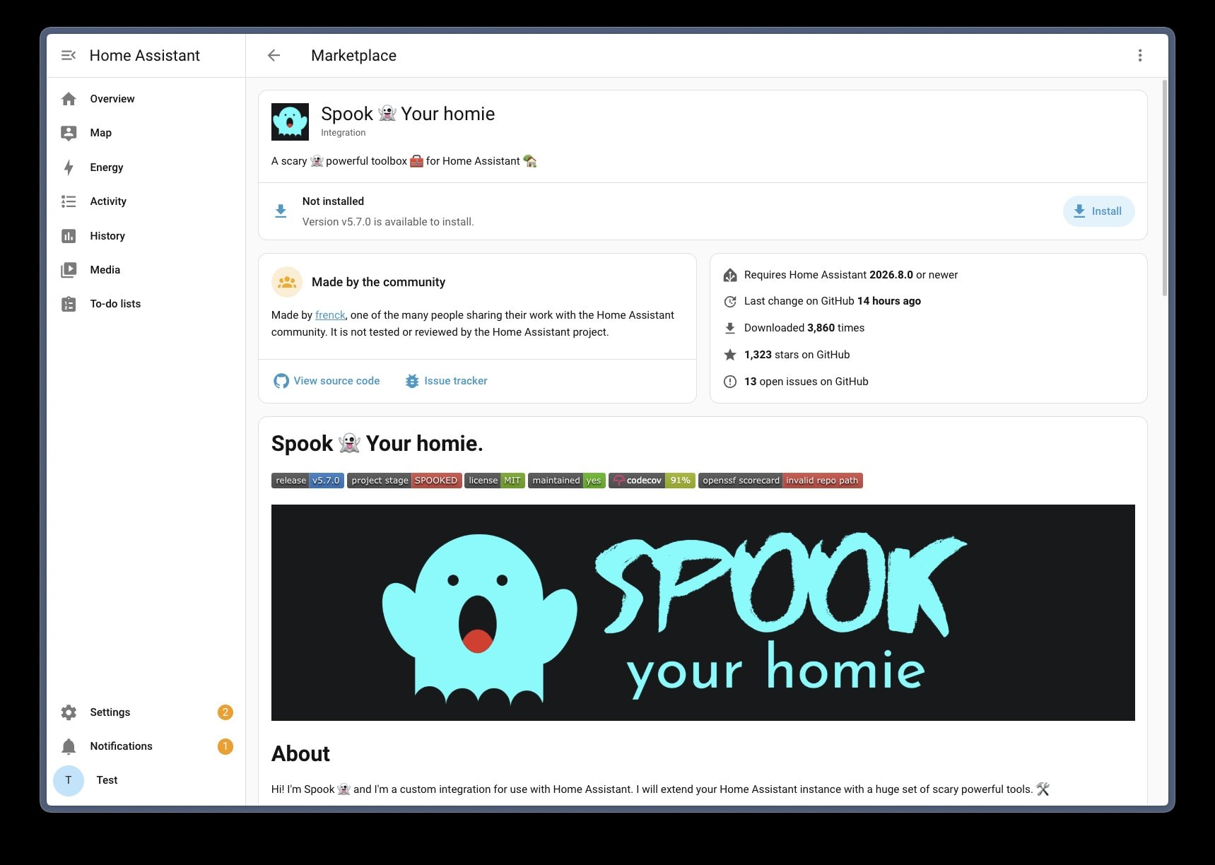 Detailseite der Integration Spook im Home Assistant Marketplace mit Install-Button