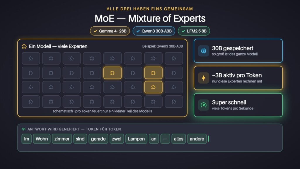 Mixture of Experts am Beispiel Qwen3 30B-A3B: 30 Milliarden Parameter gespeichert, nur etwa 3 Milliarden pro Token aktiv, deshalb sehr schnell