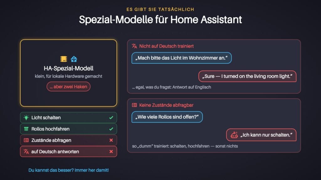 Spezial-Modelle für Home Assistant schalten zuverlässig, können aber keine Zustände abfragen und antworten oft auf Englisch