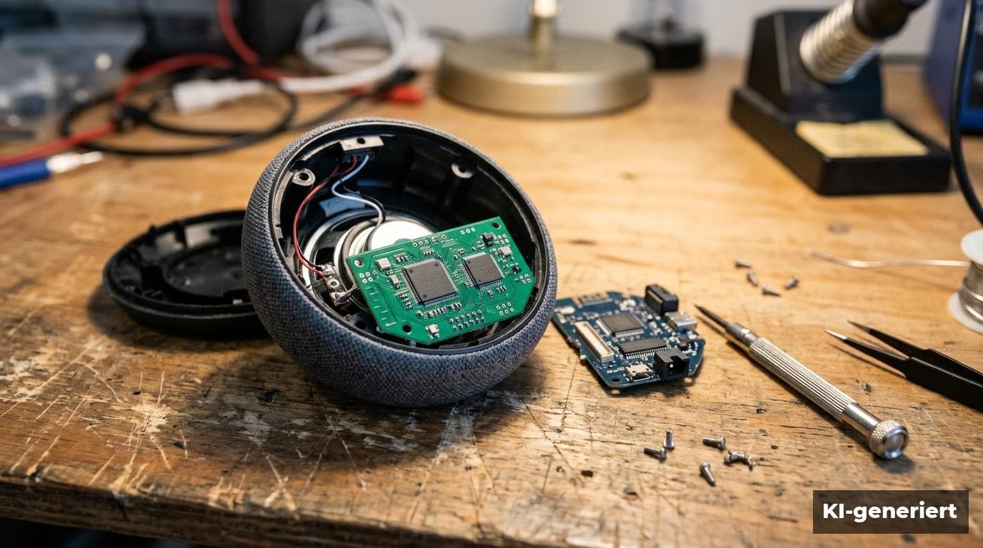 Symbolbild: Geöffneter kleiner Smart Speaker auf einer Werkbank, daneben eine neue Ersatzplatine