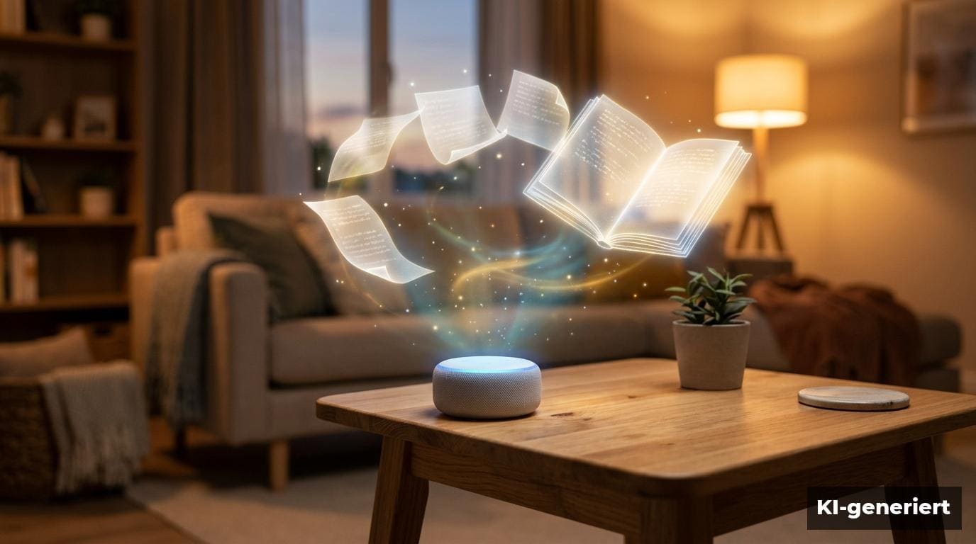 Symbolbild: Smart-Home-Lautsprecher mit leuchtendem Notizbuch als Gedächtnis (KI-generiert)