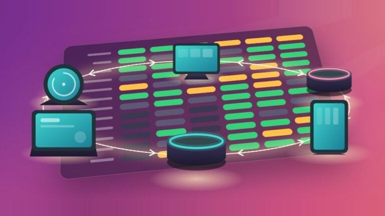 Illustration: alte Echo-Lautsprecher und Displays rund um eine Funktionstabelle