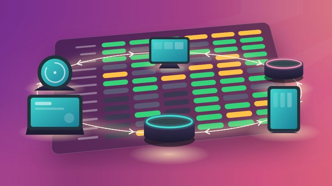 Illustration: alte Echo-Lautsprecher und Displays rund um eine Funktionstabelle