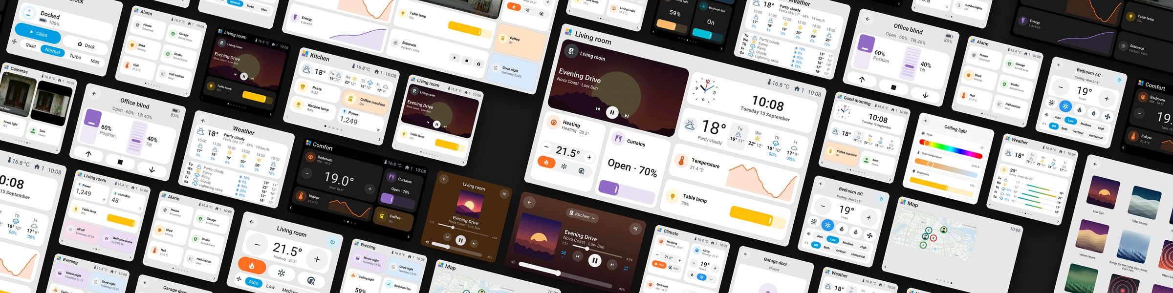 Mosaik aus Tessera-Touch-Screens in verschiedenen Größen mit Licht, Musik, Thermostat, Wetter und Saugroboter