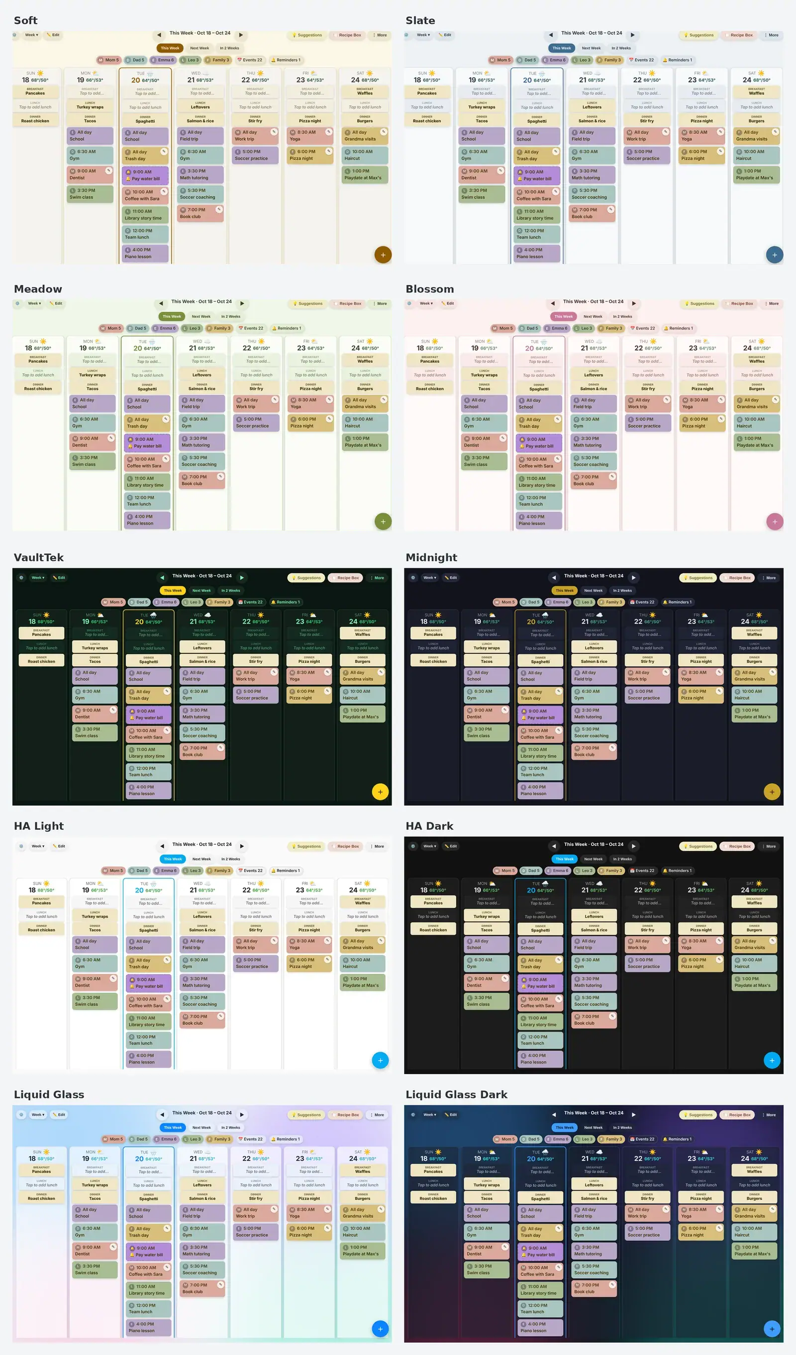 Wochenansicht von Family Hub in allen zehn eingebauten Themes
